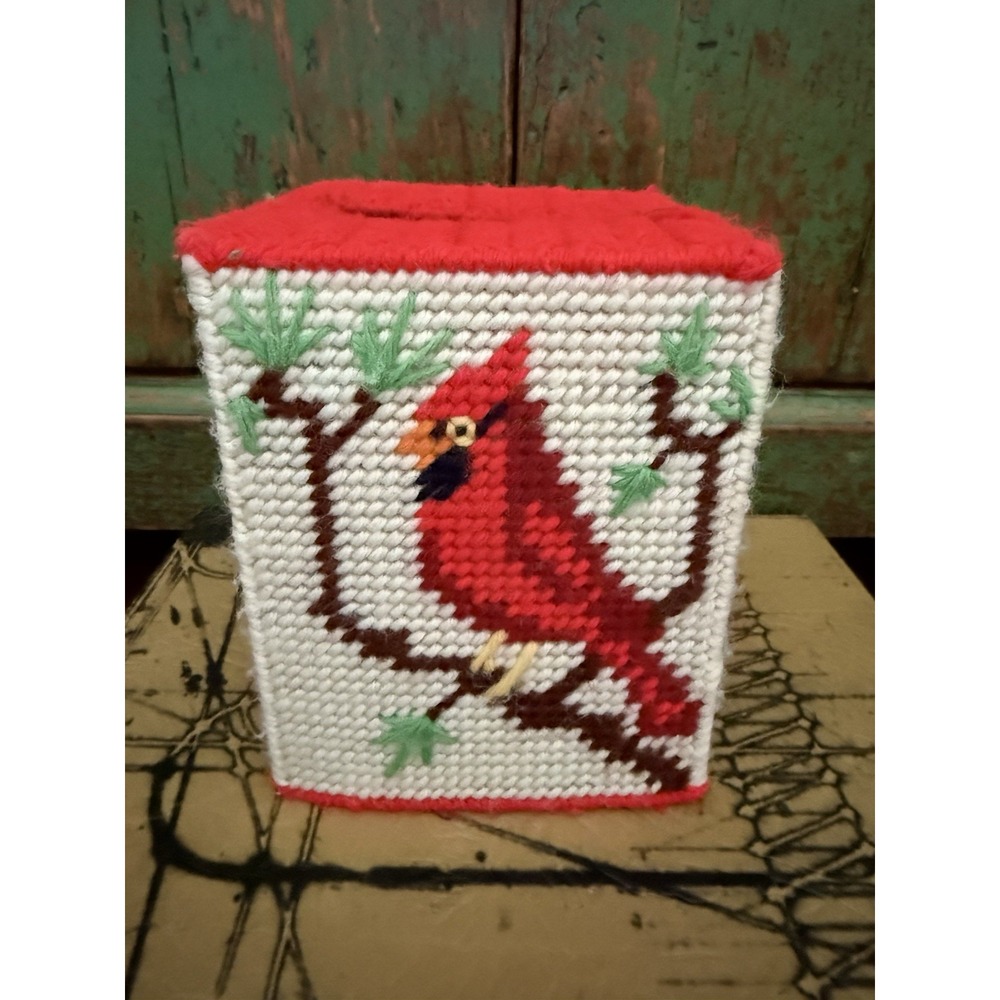 Vintage Tissue Kleenex Box Cover Needlepoint Acrylic Plastic Cardinals